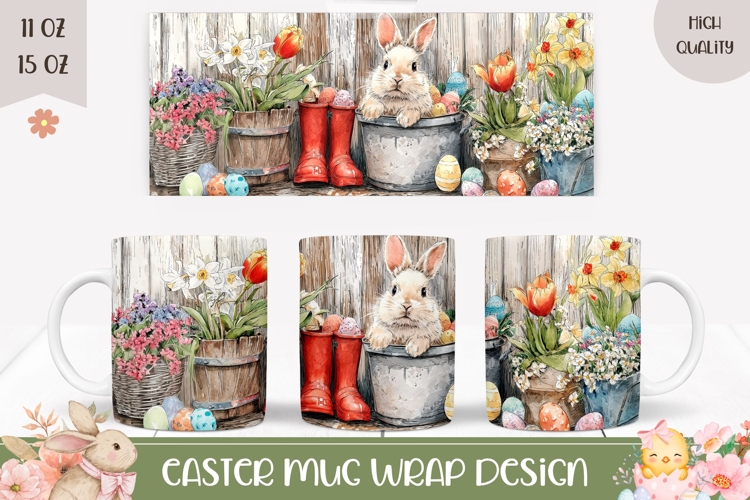Easter Bunny Mug Wrap, Spring Flowers Mug Template