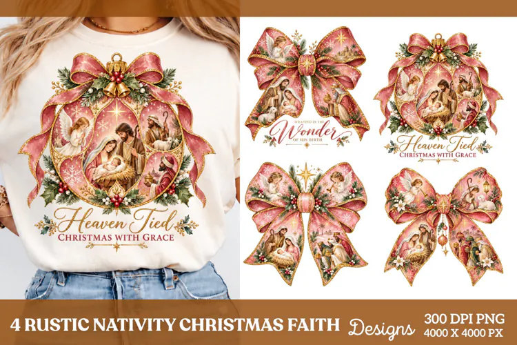 4 Nativity Christmas Bow Shirt PNG Designs, 4 Pink Christmas