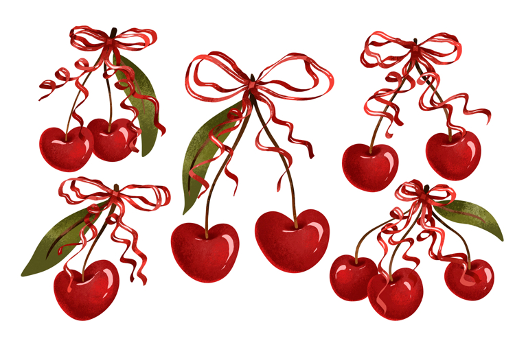 Cherry with Ribbon Bows for Valentine Day. Girly Pink Love