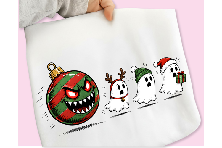 Funny Ghost Christmas PNG, Spooky Ornament Chasing PNG