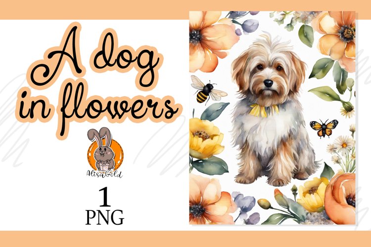 a dog in flowers, watercolor