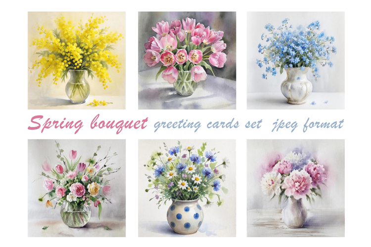 Spring flowers greeting cards. Watercolor blooming flowers.