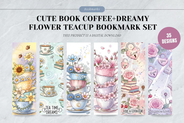 Cute Book & Coffee Bookmark Set,Dreamy Floral Teacup Art
