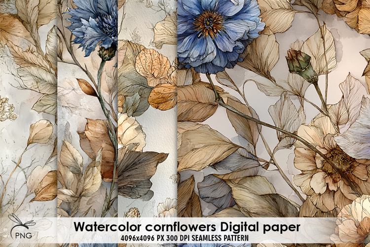 Watercolor cornflowers digital paper, background clipart