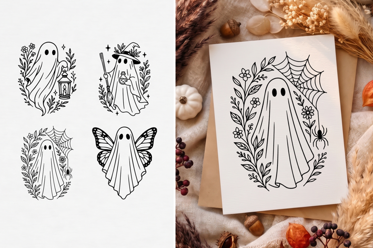 Cottagecore Ghost SVG, Floral Halloween Clipart, Line Art