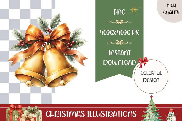 Cartoon Christmas Bells Illustration, Gold Christmas PNG