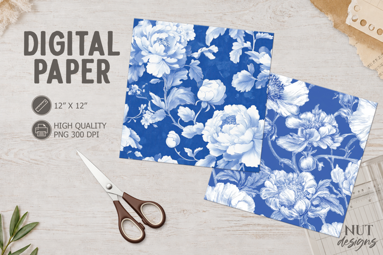 Blue White Floral Digital Paper Chinoiserie Peonies