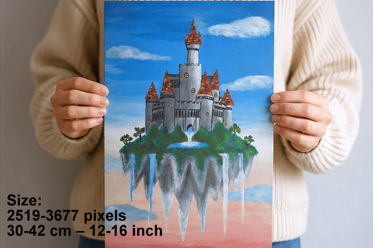Floating castle on the rock island painting print. Fairytale