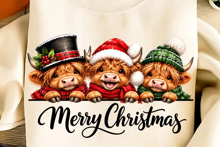 Merry Christmas PNG, Christmas Highland Cow PNG, Cow
