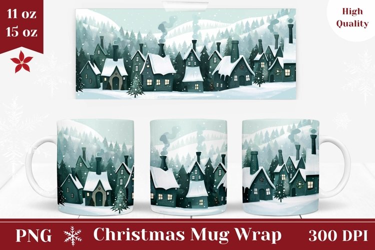 Christmas Mug Wrap Design, Christmas Houses Mug Template