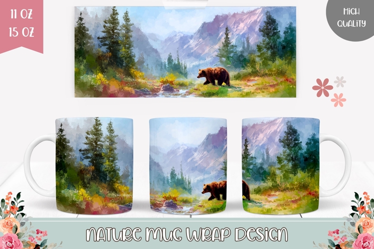 Watercolor Landscape Mug Design, Forest Bear Mug Wrap