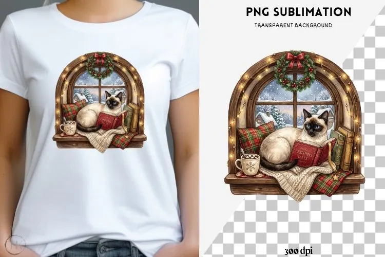 Christmas bookish cat png design for T-shirts