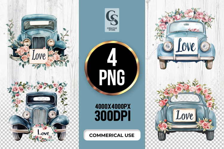 Blue Vintage Wedding Car Clipart Sublimation PNG