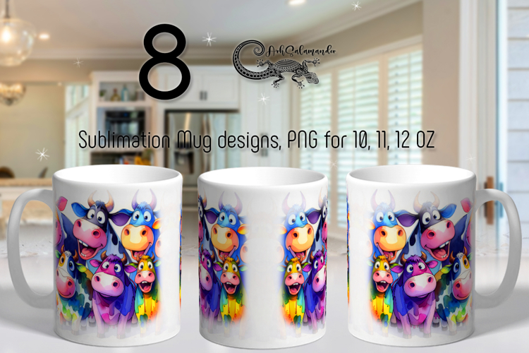 Funny animals | 8 Cartoon Mug sublimation designs, PNG