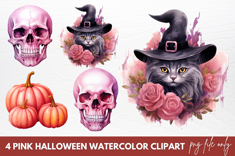 Pink Halloween Watercolor Clipart