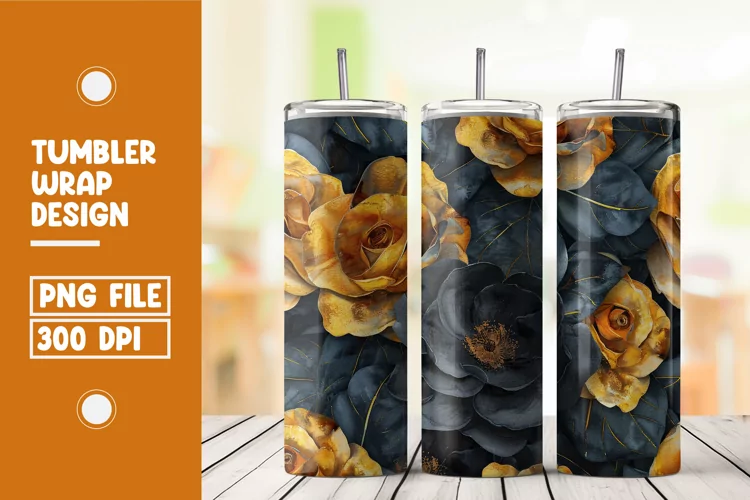 Black and golden roses watercolor tumbler wrap sublimation