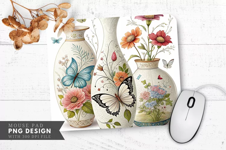 Butterfly and Floral Elegance Decorative Vases Mouse Pad PNG