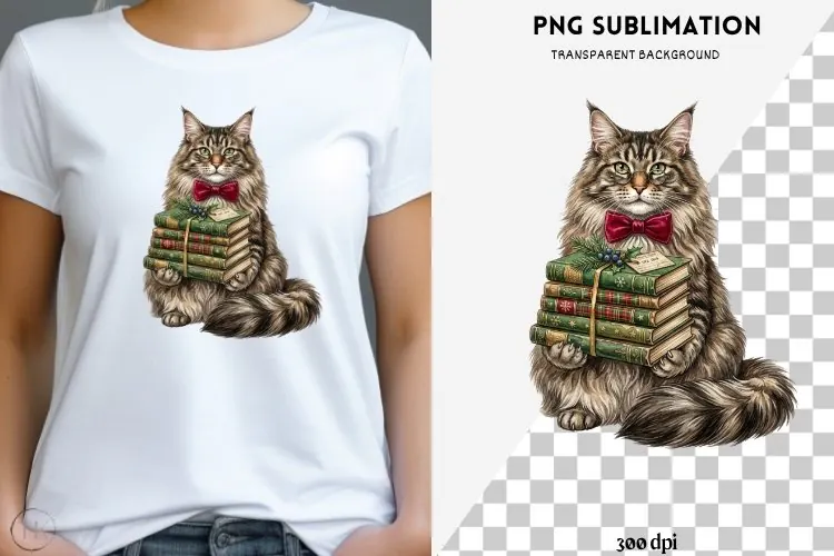 Christmas bookish cat png design for T-shirts