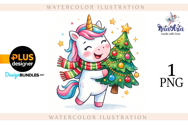 Christmas Unicorn Watercolor Illustration