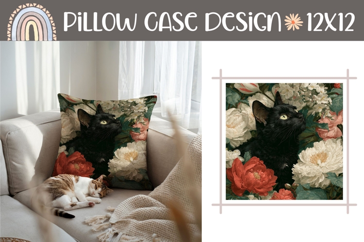 Black Cat Pillow Case, Floral Pillow Design, Flowers PNG