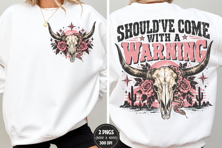Warning Cow Skull Front Back PNG, Western Cow Skull Front Ba example image 1