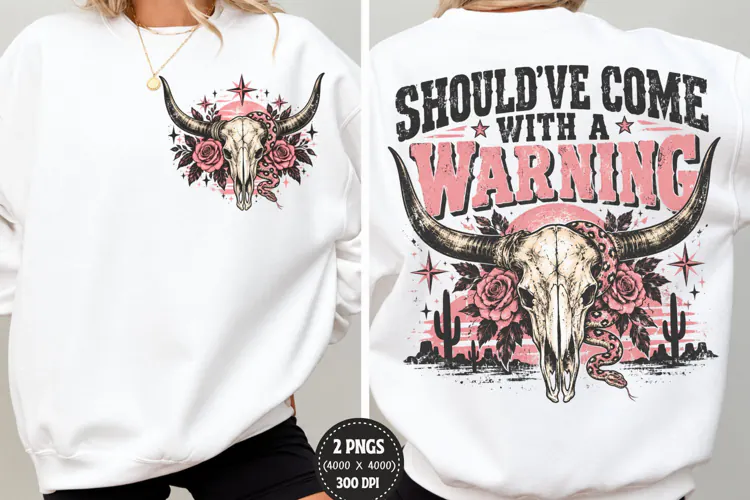 Warning Cow Skull Front Back PNG, Western Cow Skull Front Ba