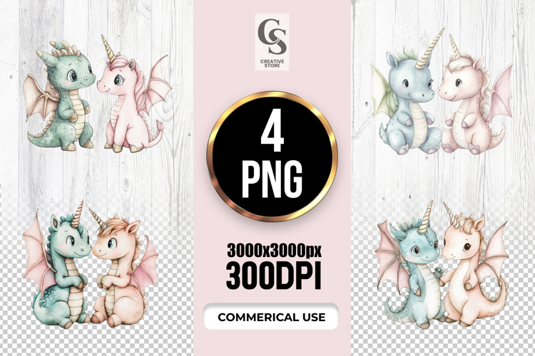 Cute Unicorn Dragon Couple Clipart Sublimation PNG