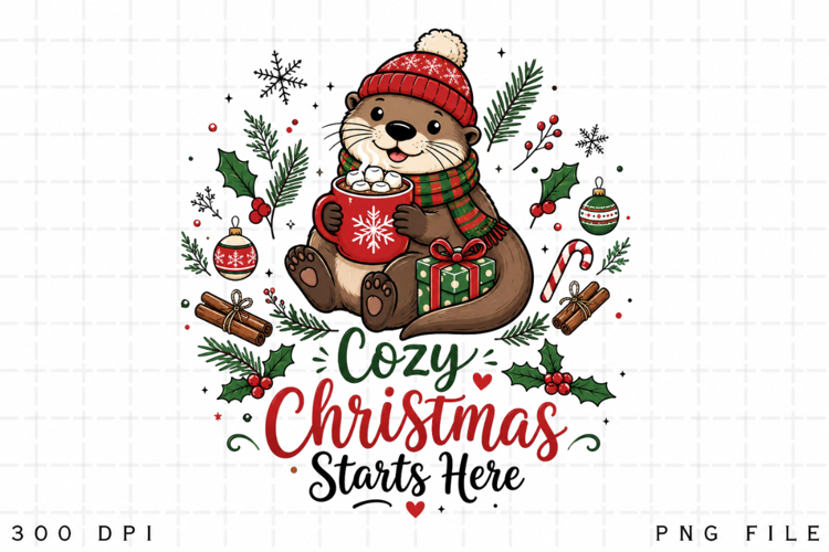 Cozy Christmas Starts Here PNG, Cute Otter Christmas PNG example image 1
