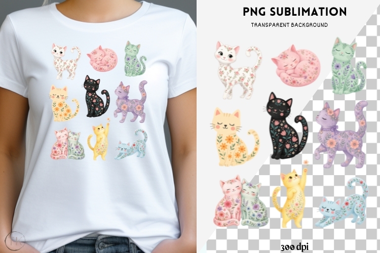 Cats with flowers png design for T-shirts