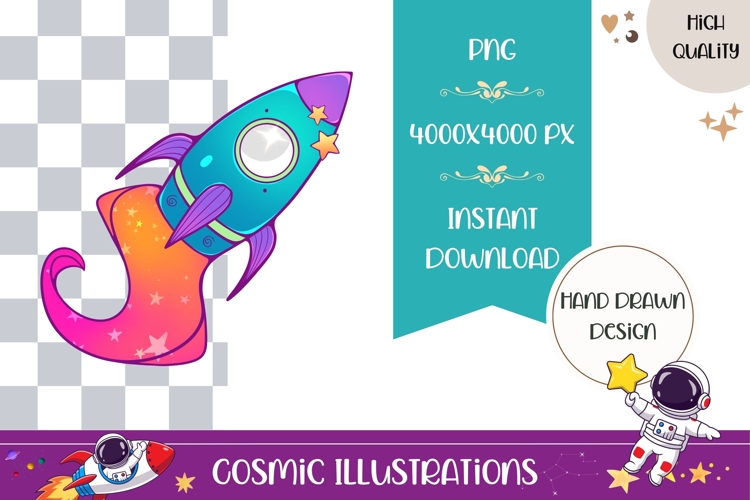 Hand Drawn Cosmic Illustration, Colorful Space Rocket PNG