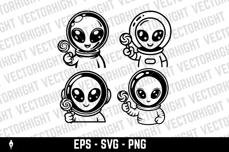 Black and white image of a cute alien holding a candy