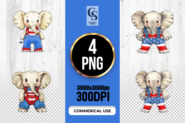 Cute Patriotic Elephant Watercolor Clipart PNG
