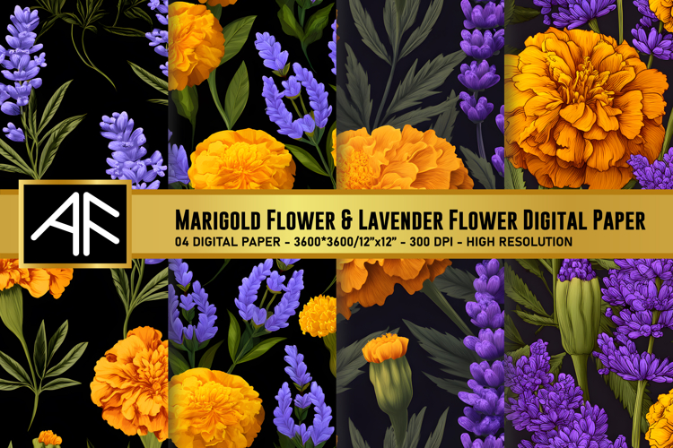 Marigold   Lavender Flower Digital Paper | Flower Pattern