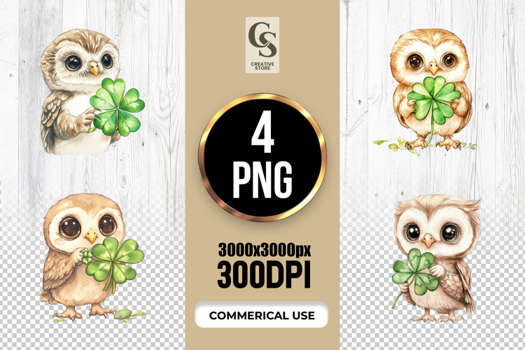 Watercolor Owl Clover Clipart Sublimation PNG