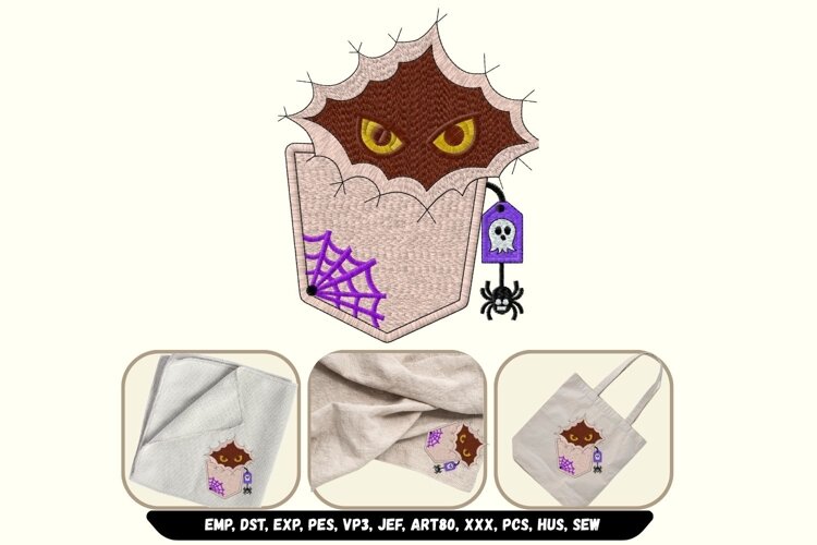 Spooky Monster Eyes Faux Pocket Machine Embroidery Design example image 1