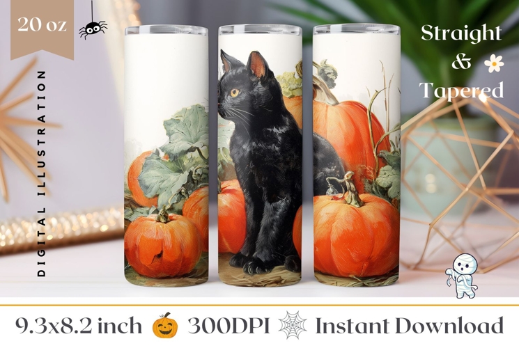 Black Cat Tumbler Design, Vintage Fall Pumpkins Tumbler