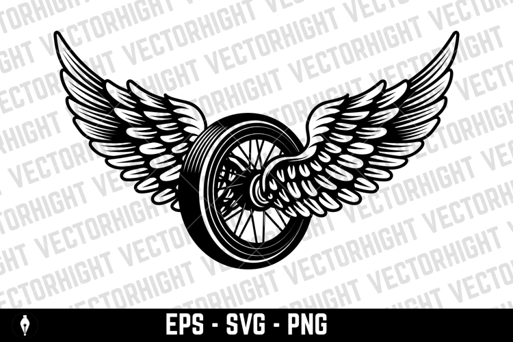 Black and white winged wheel illustration isolated on white