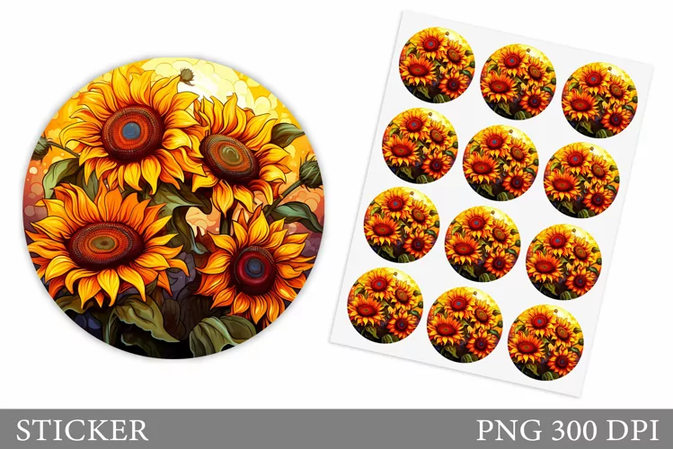 Sunflowers Sticker Design. Summer Round Sticker