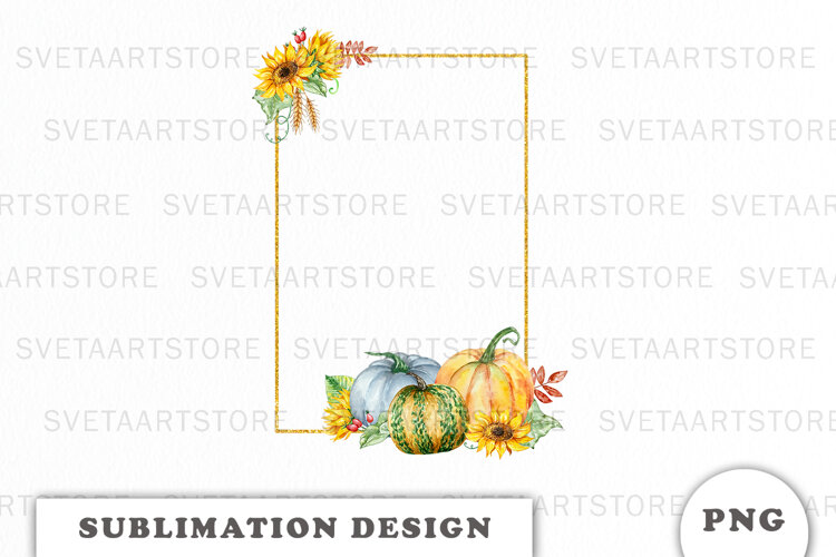 Watercolor Autumn Pumpkins Gold Frame png example image 1