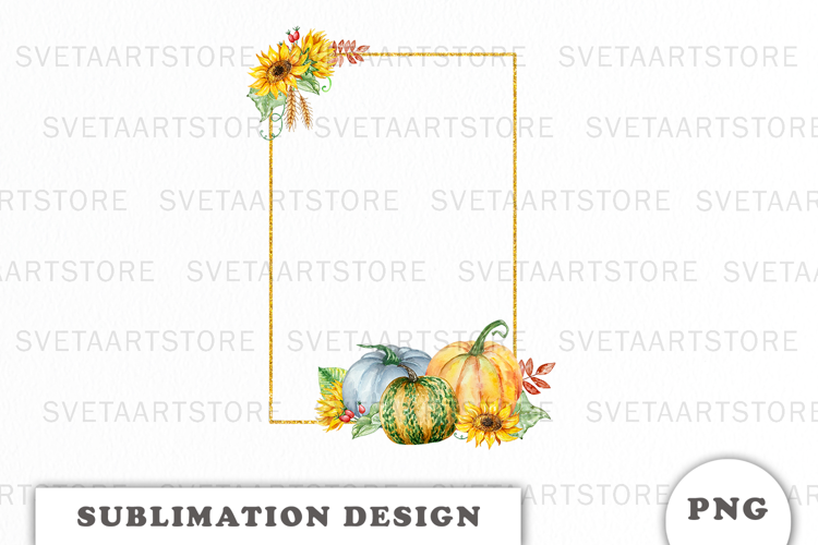 Watercolor Autumn Pumpkins Gold Frame png