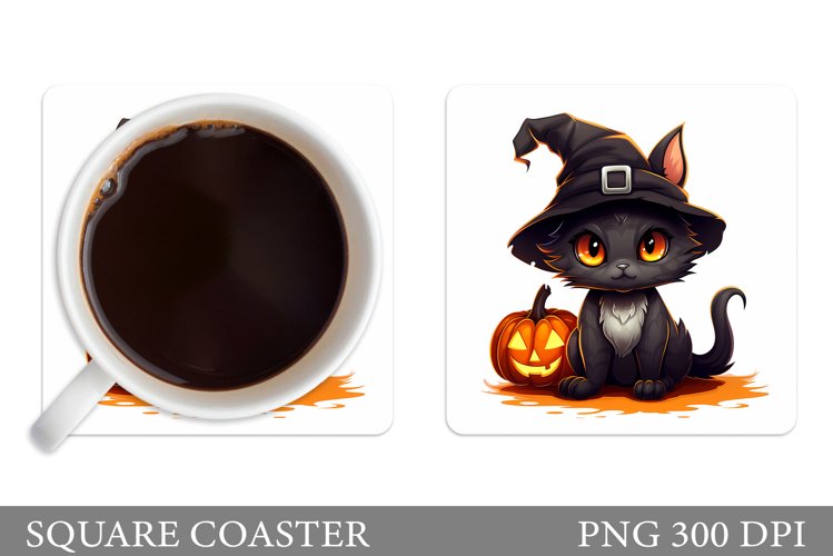 Black Cat Square Coaster. Halloween Cat Coaster Sublimation