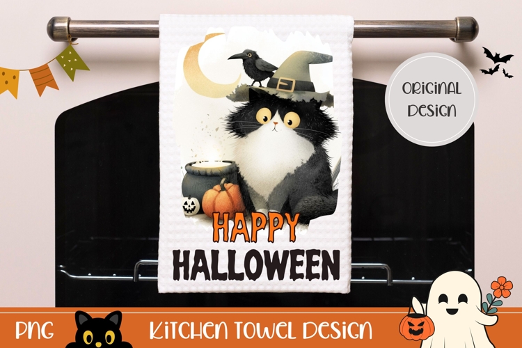 Spooky Halloween Cat Towel, Halloween Black Cat Sublimation