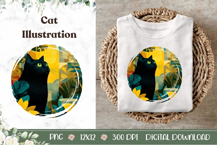 Black Cat Illustration, Cartoon Cat PNG, Floral Illustration