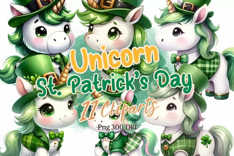 Cute unicorn in a St. Patrick costume watercolor