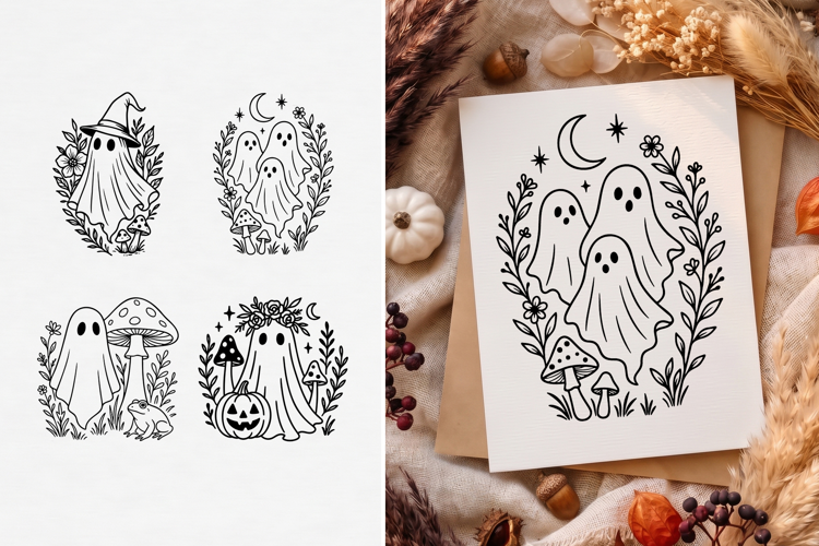 Cottagecore Ghost SVG, Floral Halloween Clipart, Line Art