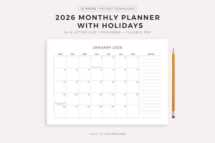 2026 Monthly Planner with Holidays, Landscape, Printable