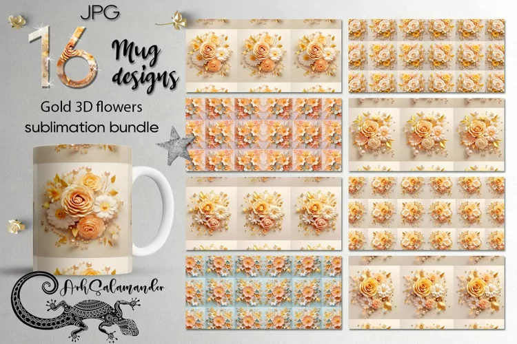 3D papercut gold flowers | 16 Sublimation Mug designs, JPG