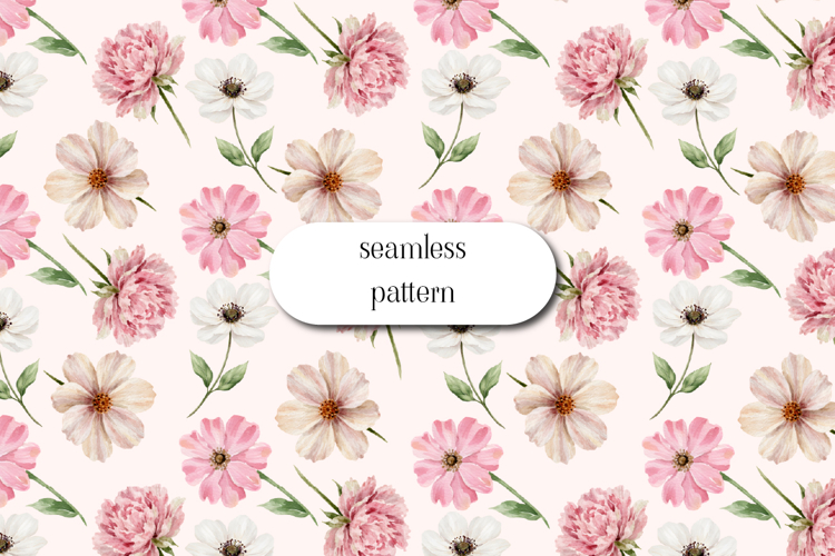 Pink Floral Seamless Pattern Watercolor Flowers Design
