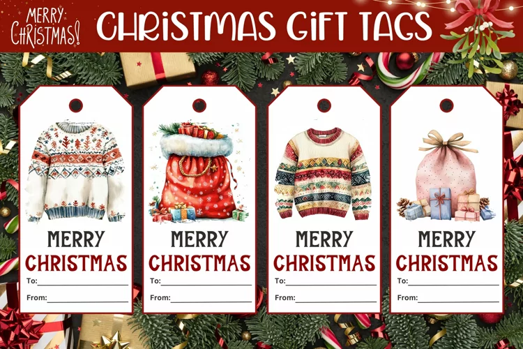 Watercolor Christmas Gift Tags, Santa Sack PNG