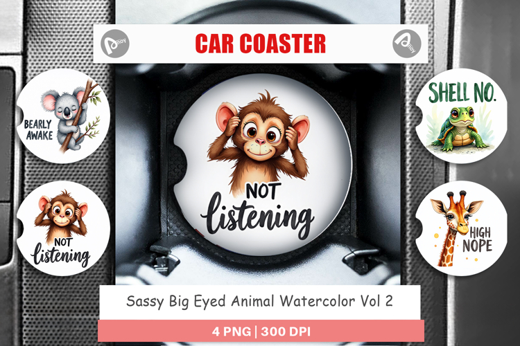 Sassy Big-Eyed Animal Puns Car Coaster